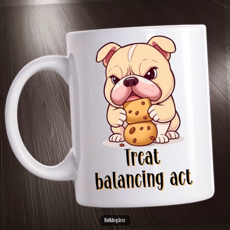 Funny bulldog mug featuring a determined dog with a serious expression, attempting to balance a small treat on its nose.