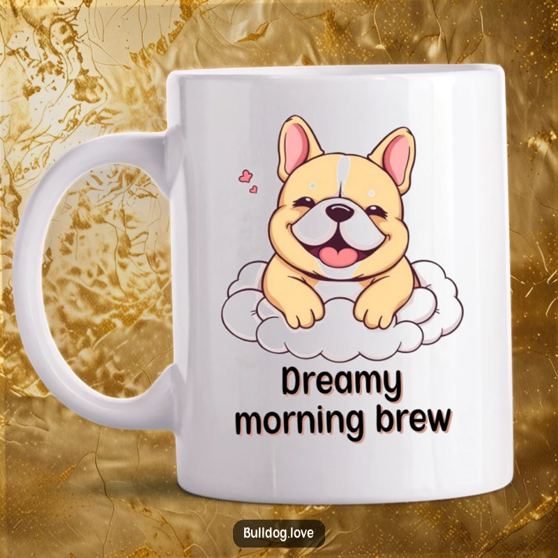 Funny Mug: A contented bulldog is shown nestled comfortably in soft, fluffy clouds, letting out a happy, peaceful sigh.