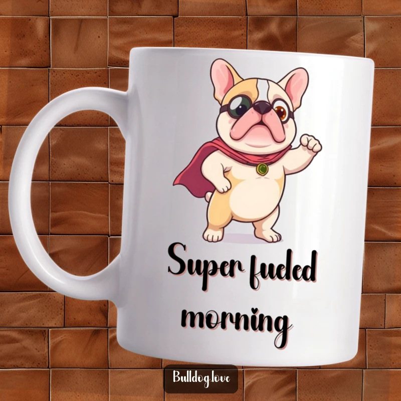 Funny Mug: A cute bulldog dons a tiny red cape, striking a proud, heroic pose with a determined expression.