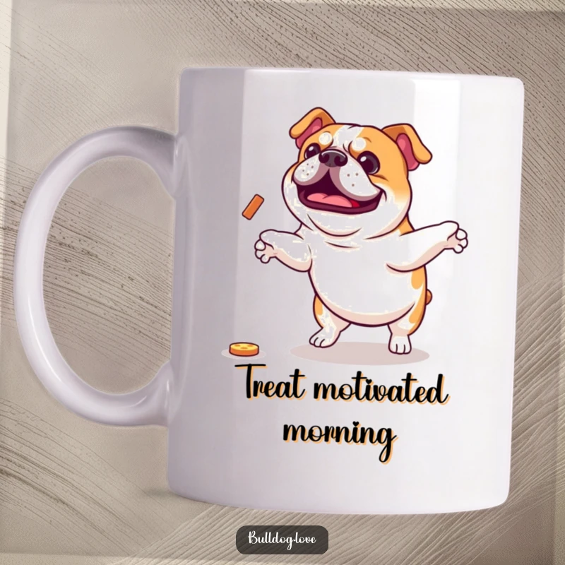 Funny Bulldog Mug: An excited bulldog mid-air, jumping enthusiastically for a treat with a silly grin. Ideal funny gift.