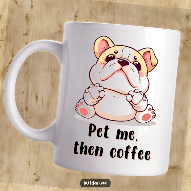 Funny Kawaii bulldog mug with paws held up in a begging pose, adorably requesting a belly rub, full of sweet charm.
