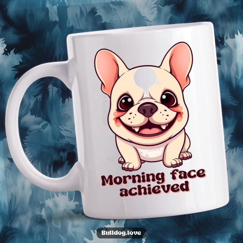 Funny Kawaii Bulldog Mug featuring a happy dog with a wide goofy grin and floppy ears bouncing with joy, great for dog enthusiasts.