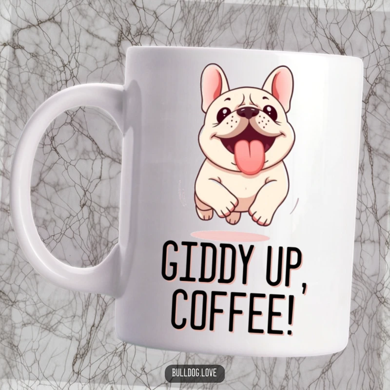 Funny Kawaii Bulldog Mug featuring a happy cartoon dog running with its tongue out, expressing pure excitement and energy.