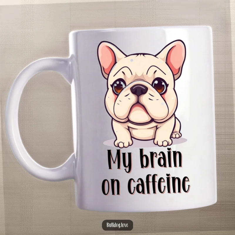 Funny Mug showing a cute bulldog with sparkling eyes, crazed expression, chasing a red laser dot, embodying pure, hilarious fun.
