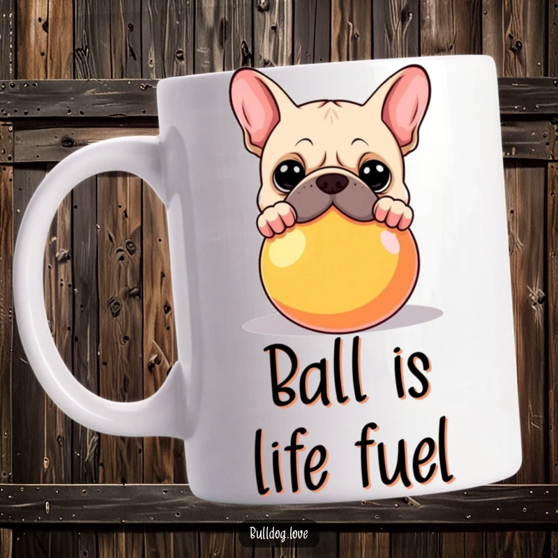 Funny Bulldog Mug: A curious bulldog peeking over a large, brightly colored ball, ready for playtime. Ideal funny gift.