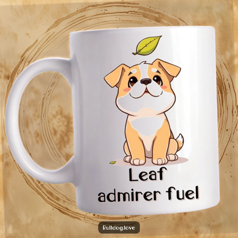 Funny Solid Dog Mug: Dog with a strong build looking upwards with comical amusement at a single falling leaf.