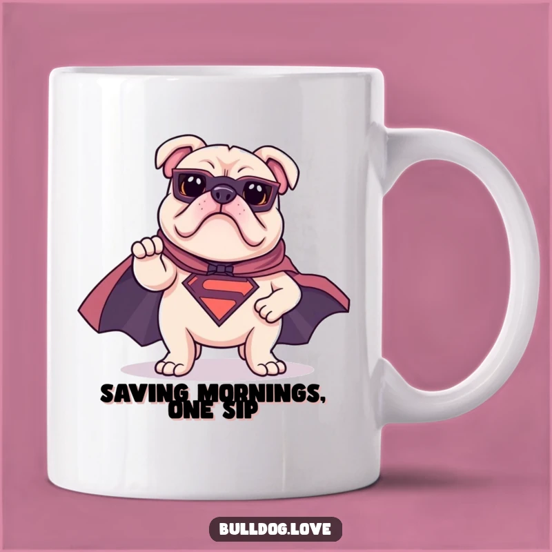 Funny Superhero Bulldog Mug: Heroic Pose Cape, Hilarious Gift for Dog Lovers & Heroes