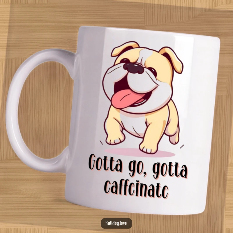Funny Kawaii bulldog mug depicting a happy dog enthusiastically running with its tongue out, showcasing pure canine excitement.