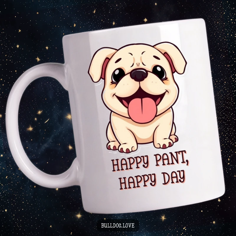Funny Bulldog Mug: A joyful bulldog with floppy ears, panting happily with a content smile. Ideal funny gift.