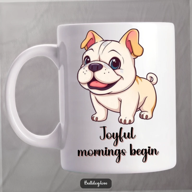 Funny happy bulldog mug with sparkling eyes and a tail blurred from enthusiastic wagging.