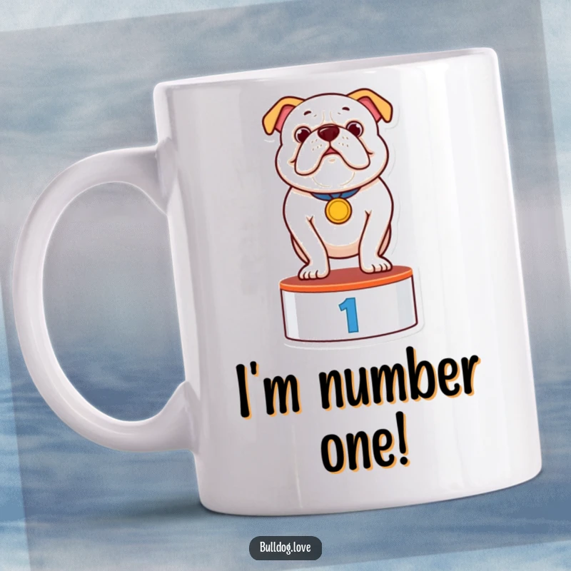 Funny mug featuring a proud, medal-wearing bulldog standing triumphantly on a small podium, showcasing pure victory and joy.