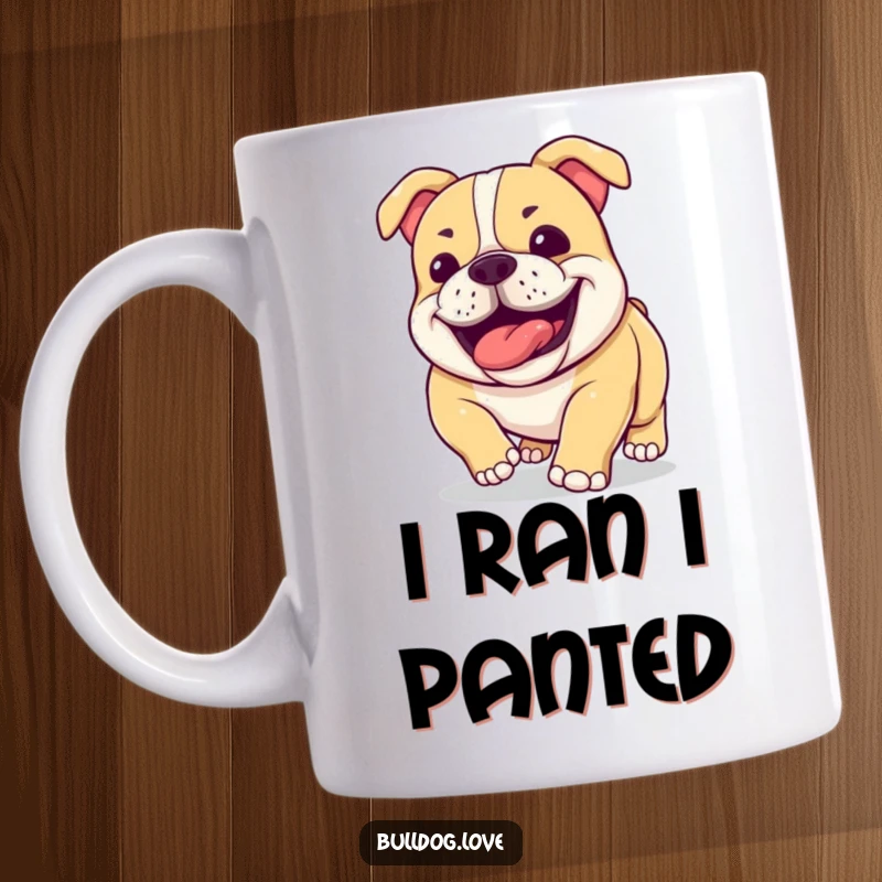 Funny bulldog mug featuring a happy dog with prominent jowls, panting contentedly after a vigorous run, conveying pure canine bliss.