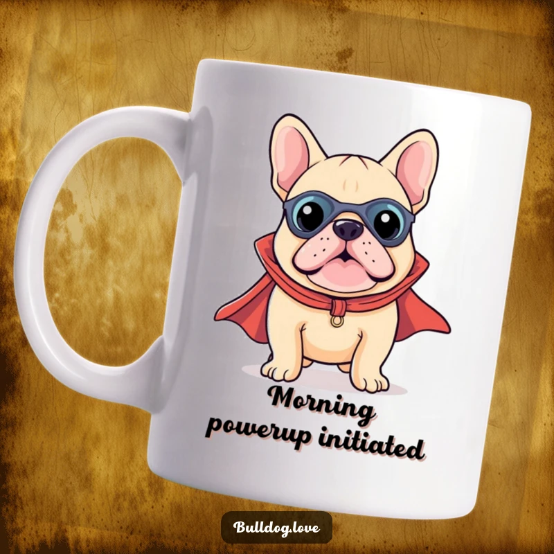 Funny Superhero Kawaii Bulldog Mug featuring a cute dog in a tiny cape, ready for action and bringing smiles.