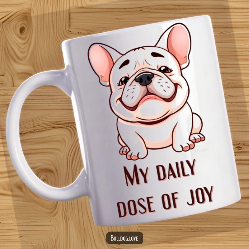 Funny Kawaii bulldog mug with a goofy grin and floppy ears bouncing, radiating pure, unadulterated happiness and charm.