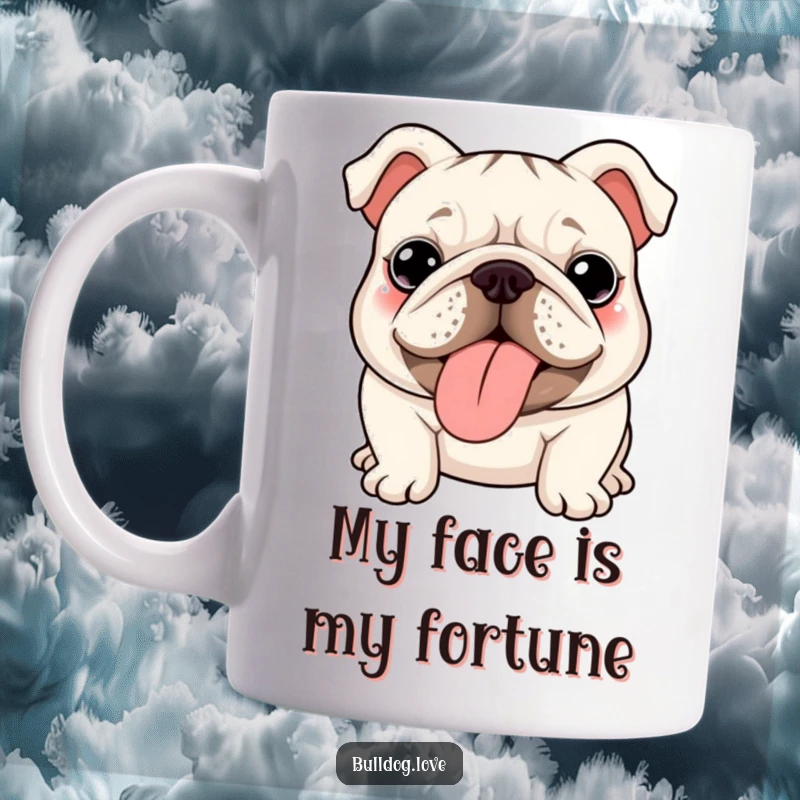 Funny kawaii bulldog mug with deep wrinkles proudly sticking its tongue out in a cute, happy expression.