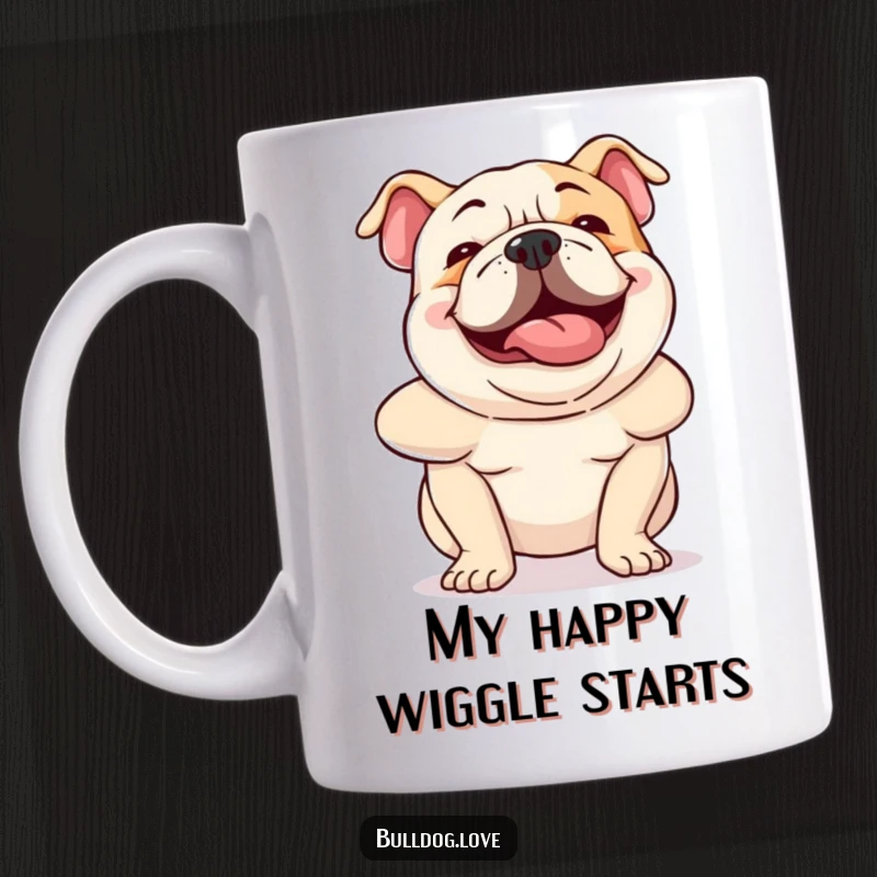 Funny bulldog mug depicting a dog wiggling its whole body in pure, hilarious excitement, brimming with joy.