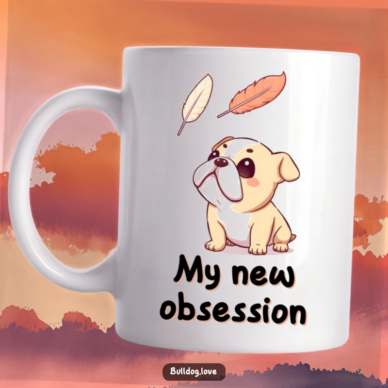 Funny bulldog mug, gazing up with wide-eyed adoration at a delicate floating feather, looking utterly captivated and cute.