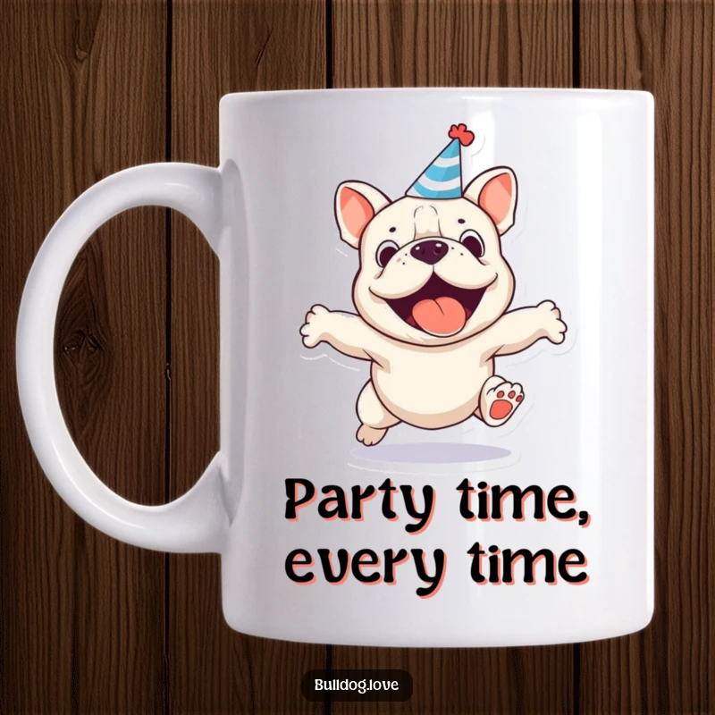 Funny bulldog mug with a tiny party hat, captured mid-leap with pure excitement and joy.