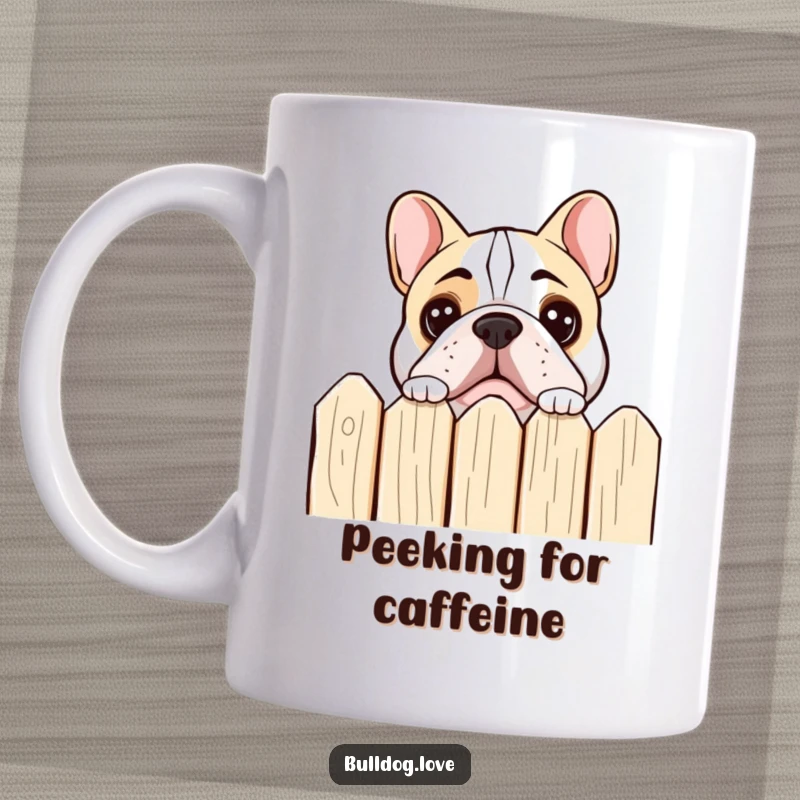 Funny bulldog mug featuring a dog peeking curiously over a fence with wide, inquisitive eyes.