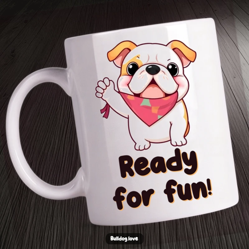 Funny bulldog mug, waving a small, vibrant bandana with immense enthusiasm, looking friendly and ready to party.