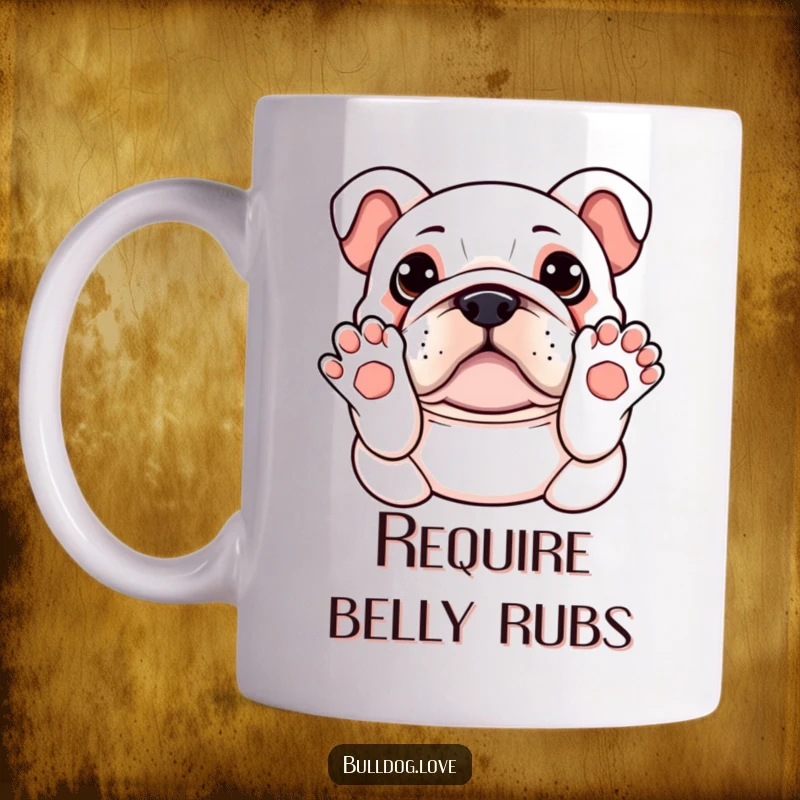 Funny Kawaii Bulldog Mug featuring a cute dog with paws up in the air, adorably asking for a belly rub, a heartwarming design.
