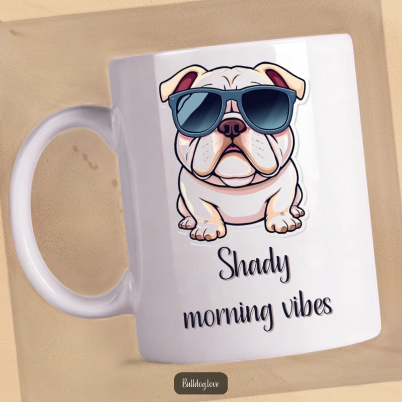 Funny bulldog mug featuring a dog wearing oversized sunglasses, exuding a super cool and laid-back attitude.
