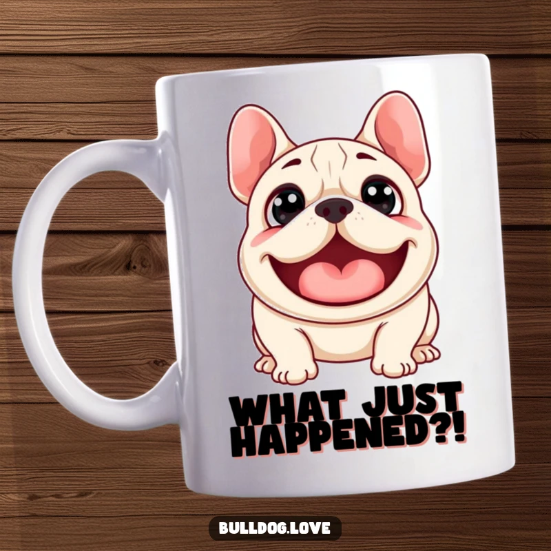 Funny mug showcasing a surprised bulldog with wide eyes, mid-woof, radiating pure, comical excitement and joy.