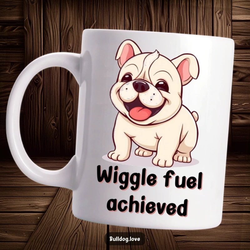 Funny Kawaii Bulldog Mug featuring a dog doing a clumsy but joyful wiggle, full of happy energy.