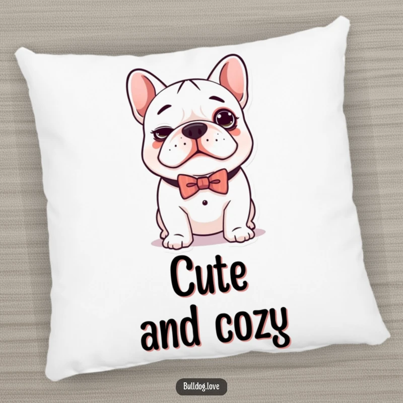 Funny pillow featuring a cute kawaii bulldog with a silly expression and a dapper bow tie, perfect for cozying up.