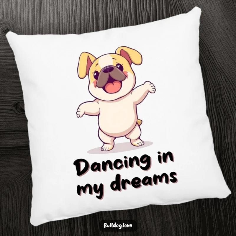 Funny bulldog with floppy ears dancing energetically, featured on a soft pillow, adding a touch of playful comfort to any armchair.