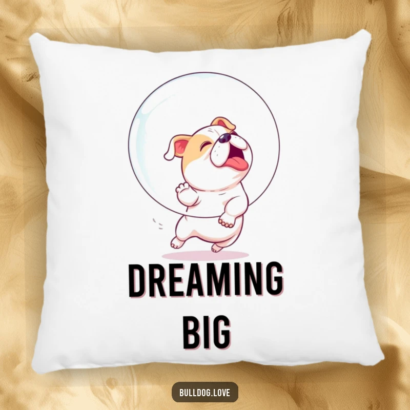Funny pillow showcasing a bulldog joyfully and playfully chasing a giant bubble with enthusiastic glee.