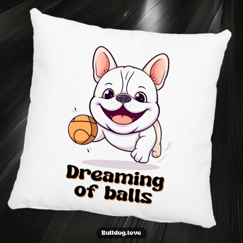 Funny kawaii bulldog pillow with a happy dog mid-chase after a bouncing ball, offering comfort and a touch of playful decor.