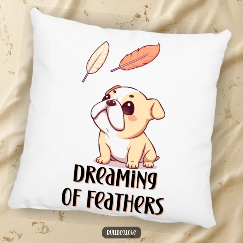 Funny bulldog pillow, looking up with adoration at a floating feather, radiating sweet innocence, great for sofas.