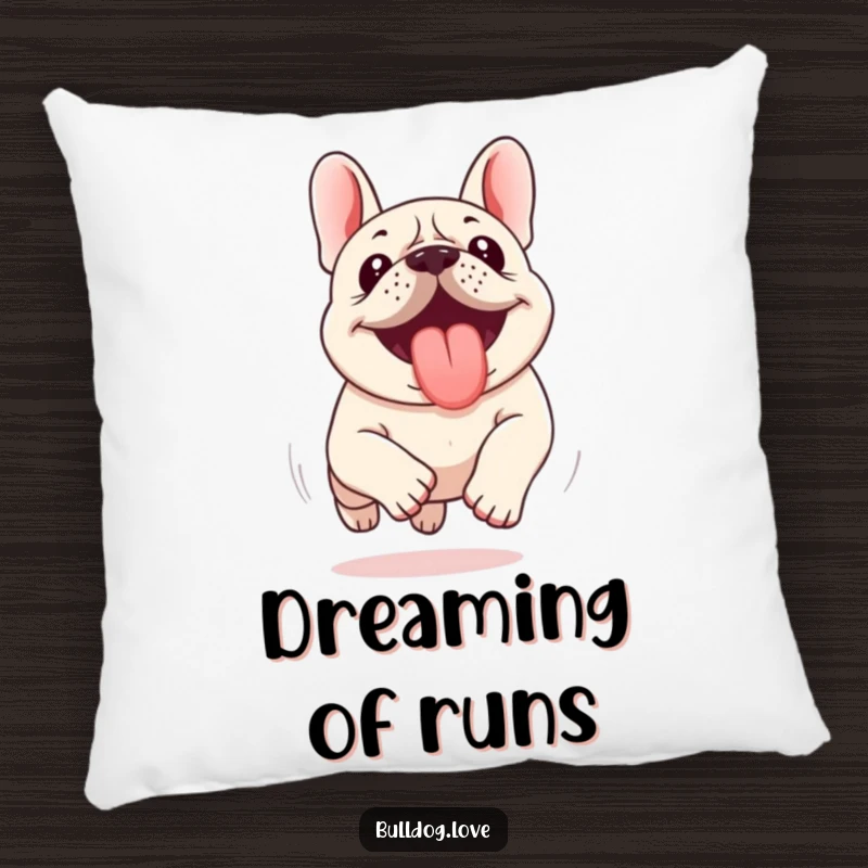 Funny Kawaii Bulldog Pillow featuring a dog running with its tongue out, providing comfort and a humorous, energetic vibe.