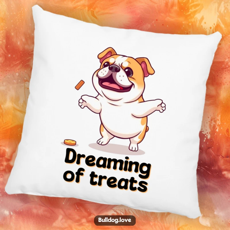 Funny Bulldog Pillow: A plush pillow with a silly, enthusiastic bulldog jumping for a treat. Perfect funny gift.