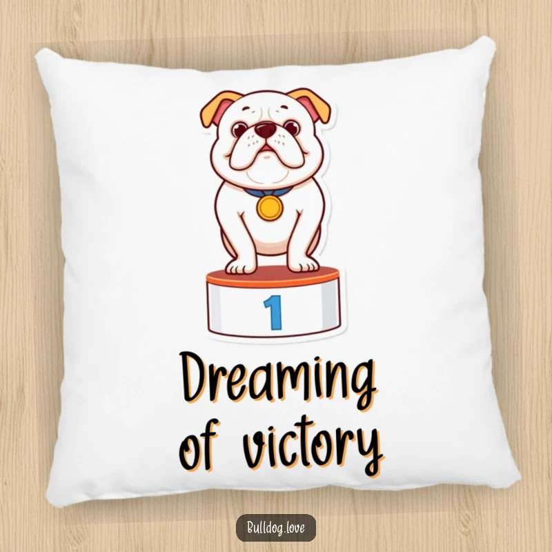 Funny pillow featuring a proud bulldog wearing a medal, standing triumphantly on a podium, offering humorous comfort and charm.