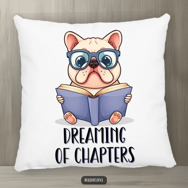 Funny bulldog pillow featuring a bulldog in oversized glasses reading a large book, offering comfort with a scholarly, humorous vibe.