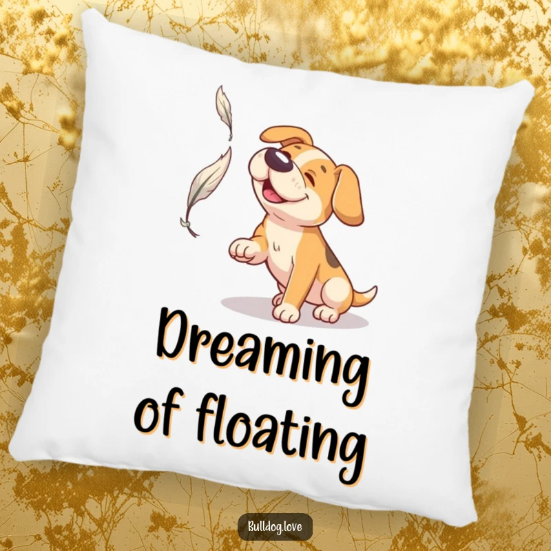 Funny Broad Snout Dog Pillow: Adorable dog with a broad snout playfully reaching for a floating feather, a comical moment.