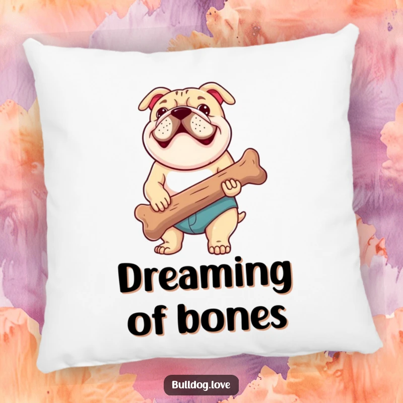 Funny pillow accent featuring a delightful bulldog with a happy pant, proudly displaying a large, gnawed bone, perfect for adding humor to decor.