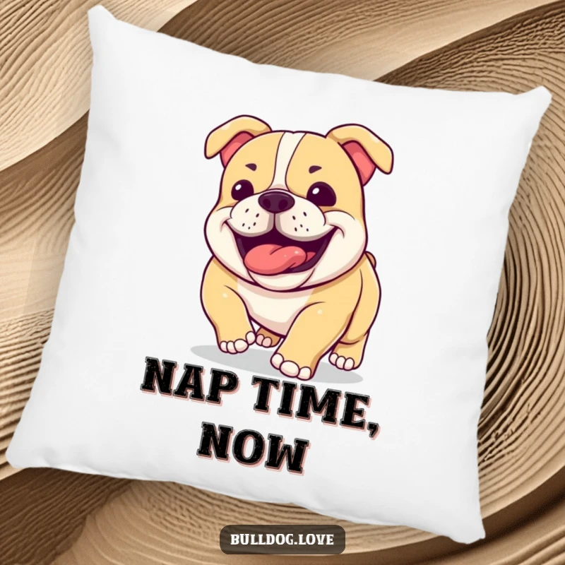 Funny bulldog pillow with relaxed, happy jowls panting, offering comfort and a touch of canine humor to any room.
