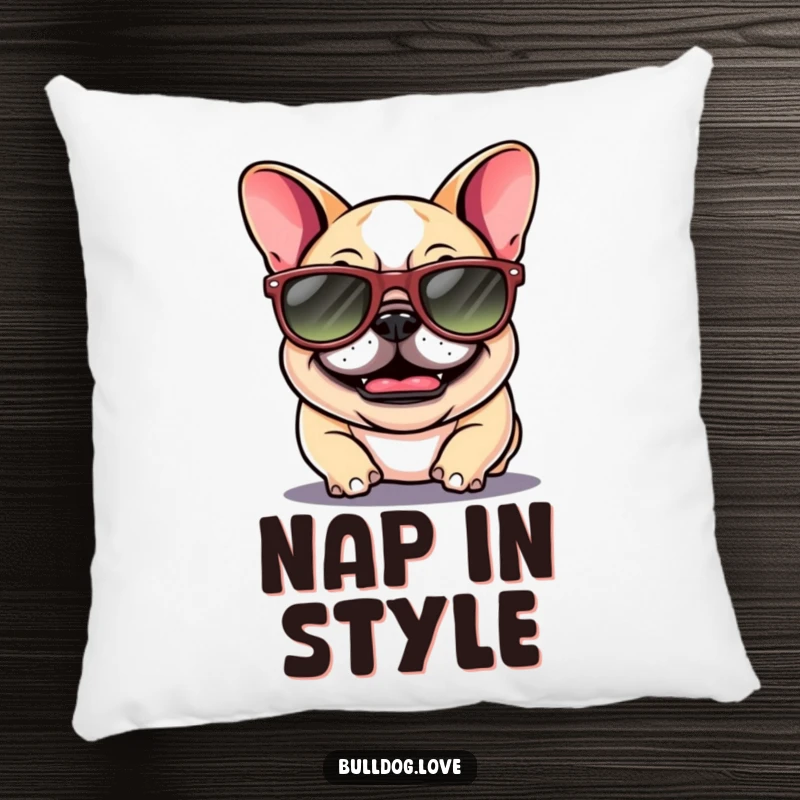 Funny Bulldog Pillow: A giggling bulldog with floppy ears wears big sunglasses, offering funny and cool comfort.