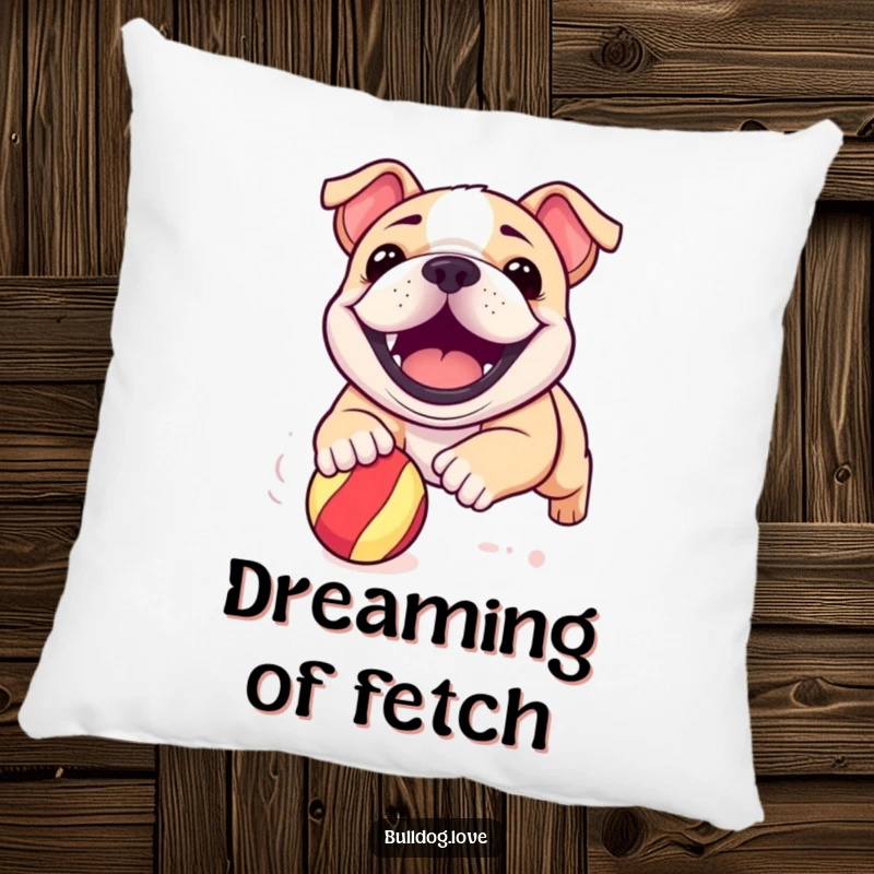 Funny bulldog pup pillow with a dog boasting a giant grin, enthusiastically pursuing a rolling bouncy ball.