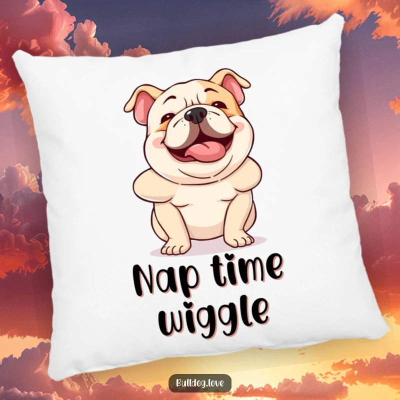 Funny bulldog pillow featuring a dog wiggling its body with hilarious, ecstatic energy, offering comfort and humor.