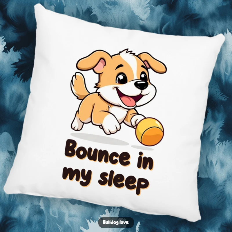 Funny Energetic Dog Pillow: Adorable energetic dog with a determined grin joyfully chasing a bouncy toy, a comical scene.