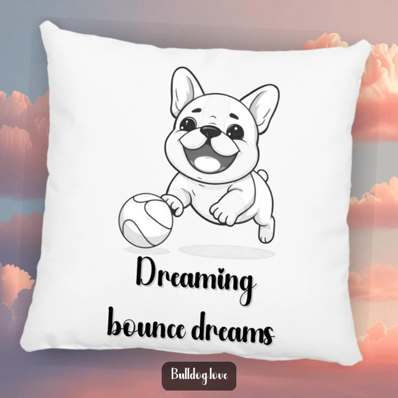 Funny Kawaii bulldog pillow showing a happy dog playfully chasing a bouncing ball, perfect for cozy and playful relaxation.
