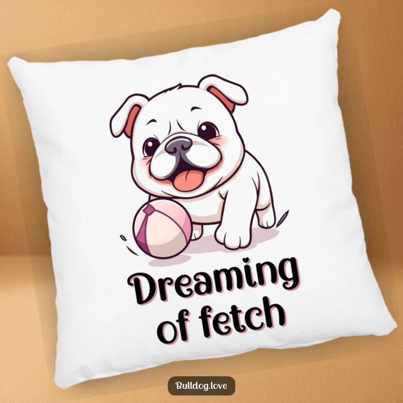 Funny Kawaii Bulldog Pillow featuring a dog chasing a bouncing ball, offering comfort and a humorous, playful vibe.