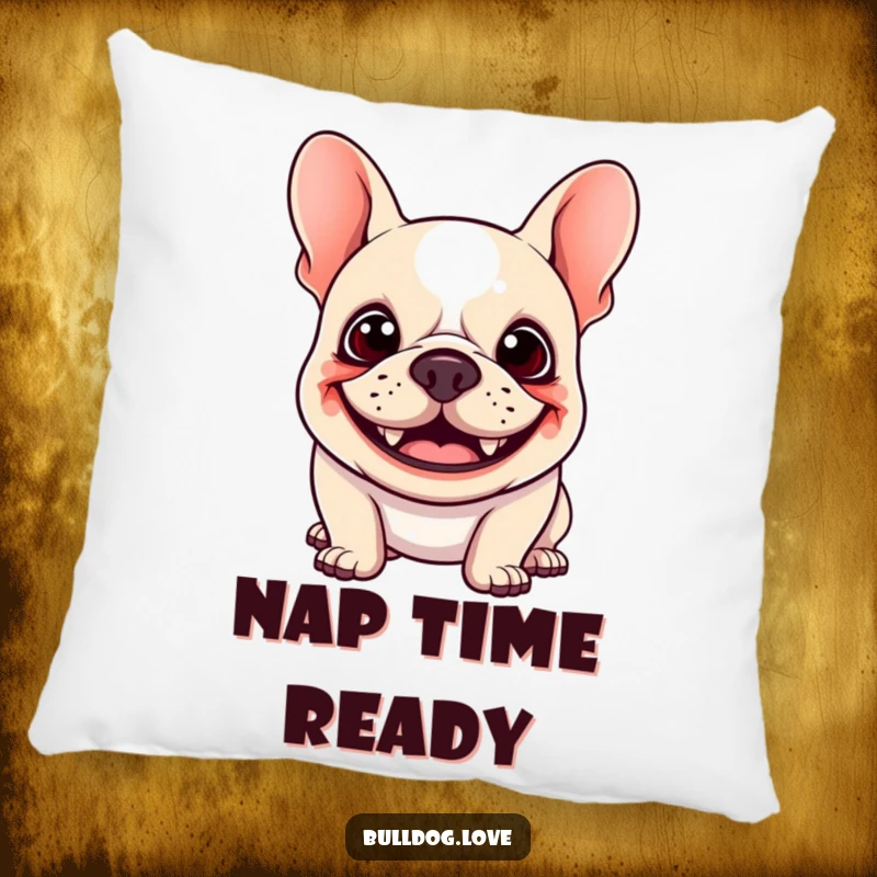 Funny Kawaii Bulldog Pillow with a happy dog showing a goofy grin and floppy ears bouncing, providing comfort and humor for any space.
