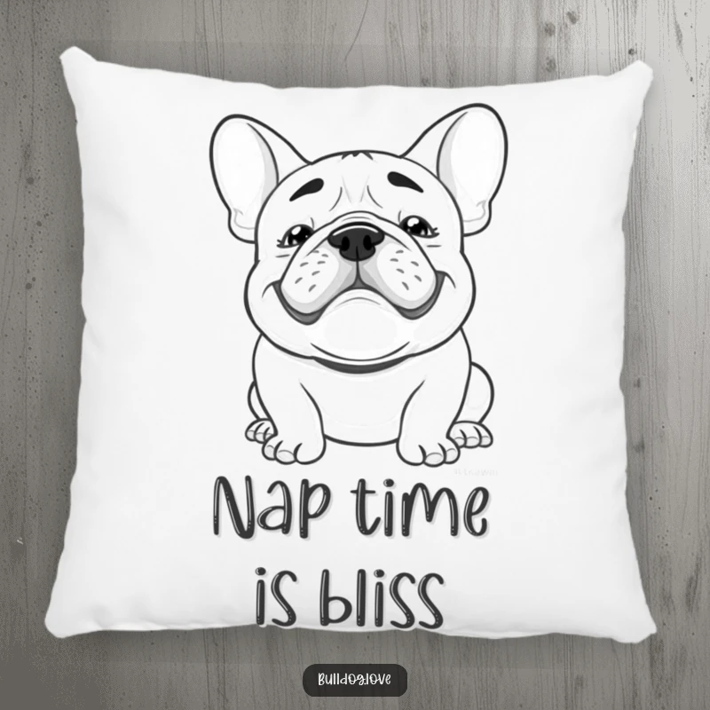 Funny Kawaii bulldog pillow with a goofy grin and floppy ears bouncing, offering comfort and a dose of endearing canine happiness.