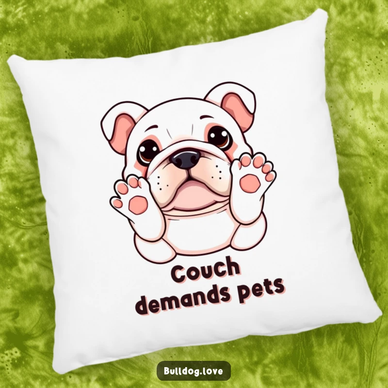 Funny Kawaii Bulldog Pillow featuring a dog with paws up, adorably asking for a belly rub, offering cuddles and humorous comfort.