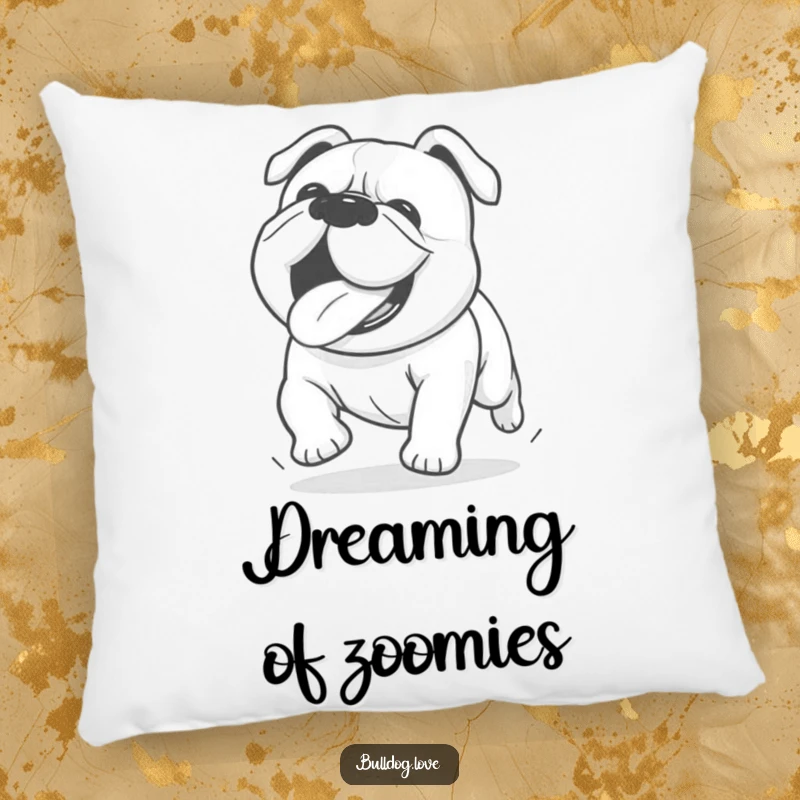 Funny Kawaii bulldog pillow showing a happy dog running with its tongue out, adding a playful touch to any room.
